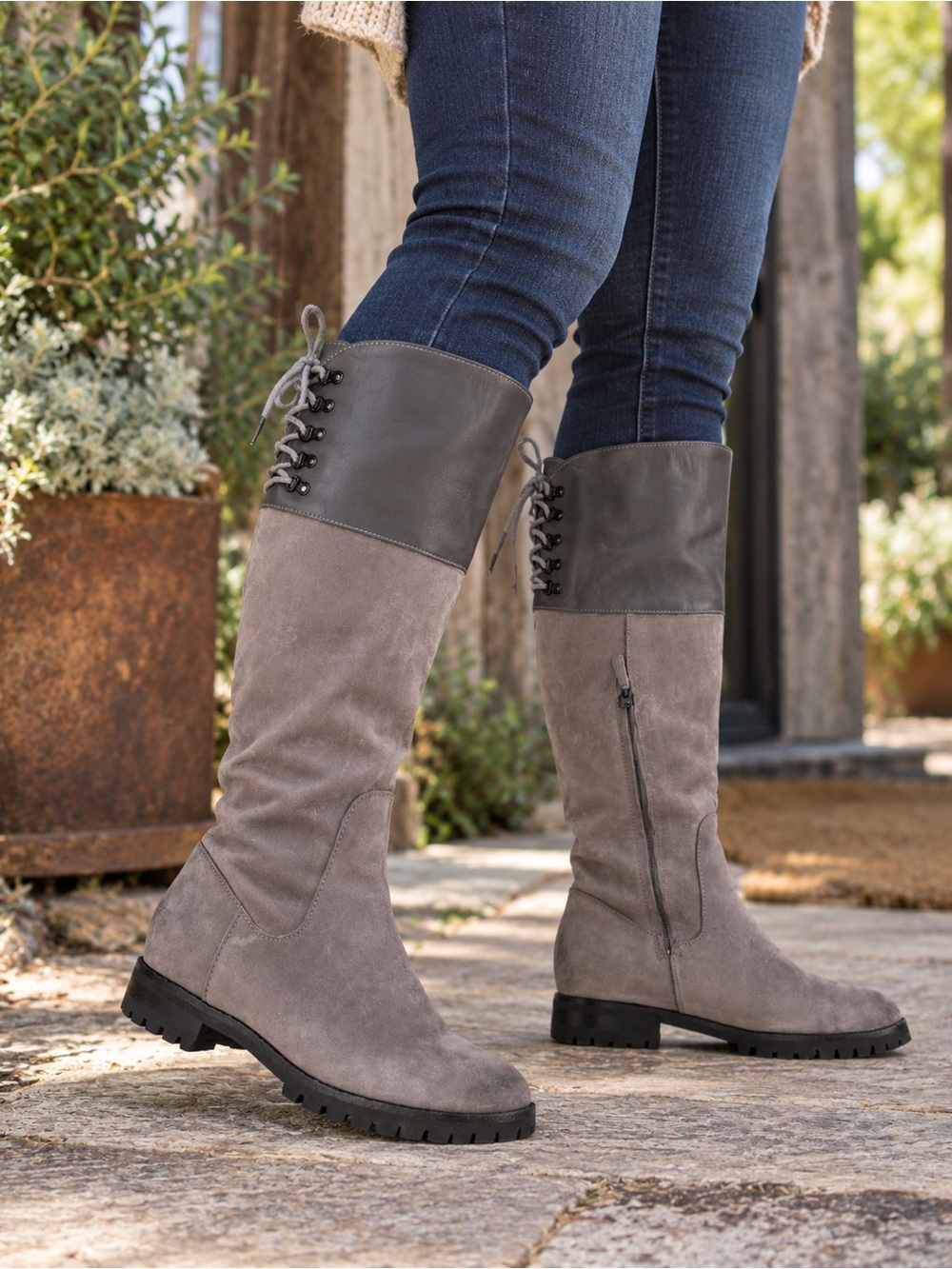 Vintage Cole Haan Nike Air Grey Knee High Boots Sz 10/10.5 Adjustable Lace Back